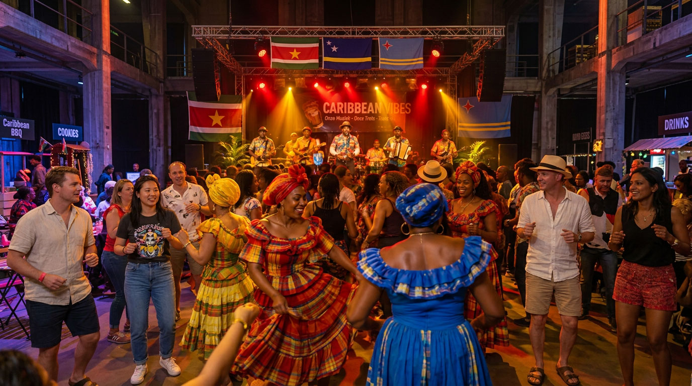 Dansend publiek in Caribische klederdracht voor het podium met de vlaggen van Suriname, Curaçao en Aruba